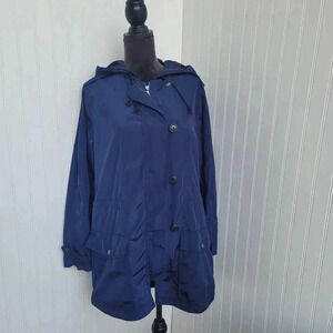 GAP NAVY Shiny BLUE HOODED Zip Button FRONT ANORAK STYLE JACKET COAT Women's L